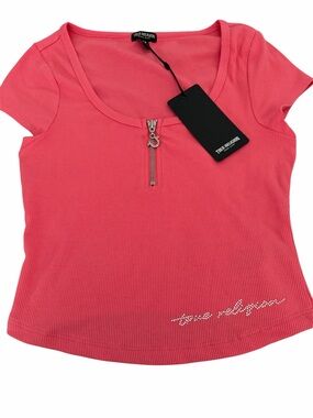 True Religion Girls' Coral Pink Ribbed Short Sleeve Zip Tee